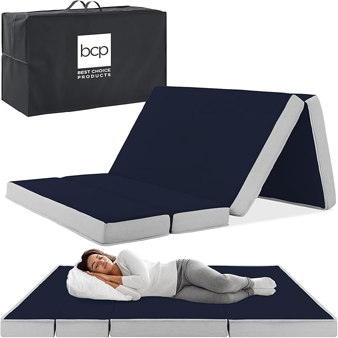 Best Choice Products 4in Portable Twin XL-Size Mattress, Tri-Fold Mattress for Camping, Guest, Toddler, Foam Plush w/Carry Case - Midnight Blue