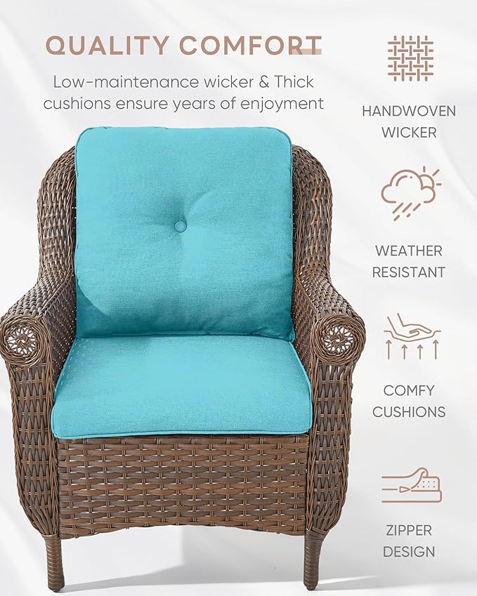 Patio Wicker Chairs Outdoor Furniture Chair - Set of 4 Outside All Weather Lawn Dining Brown Rattan Armchair with High Back&Deep Seating for Deck Porch Balcony Backyard Garden - Turqoise