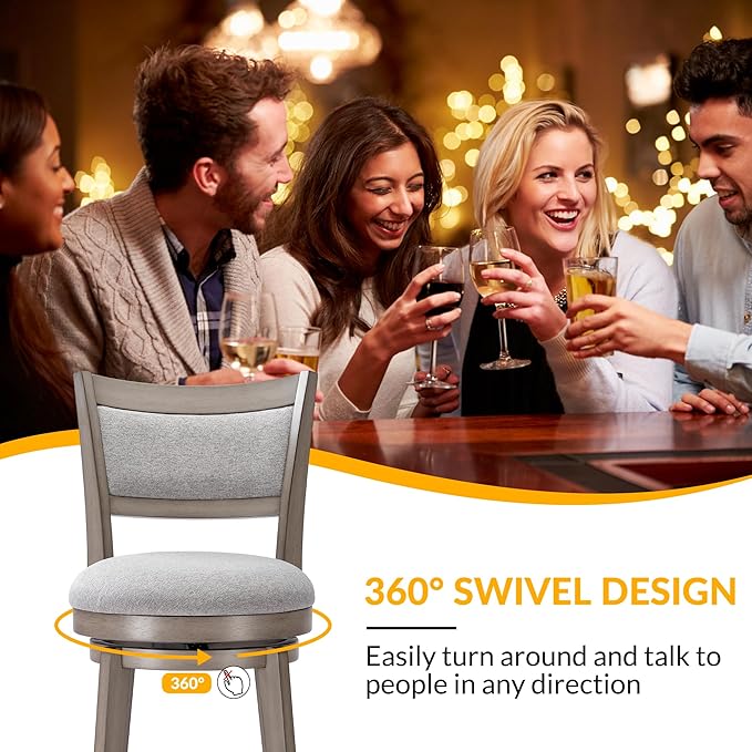 PrimeZone Swivel Bar Stools Set of 8, 26 Inch Counter Height Barstools, High Back Bar Stool with Solid Wood Legs & Wrap-Around Footrest, Counter Stools for Kitchen Island, Pub, Grey