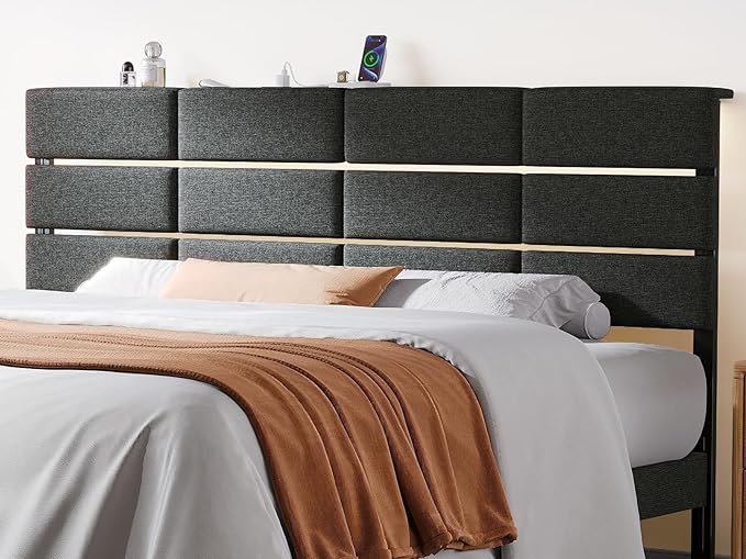 King/Cal King Size Upholstered Headboard, Adjustable Head Boards with LED Light & Charging Station, Bed Headboard Only, Attach Frame, Ideal for Bedroom, Dorm, Guest Room, Dark Grey