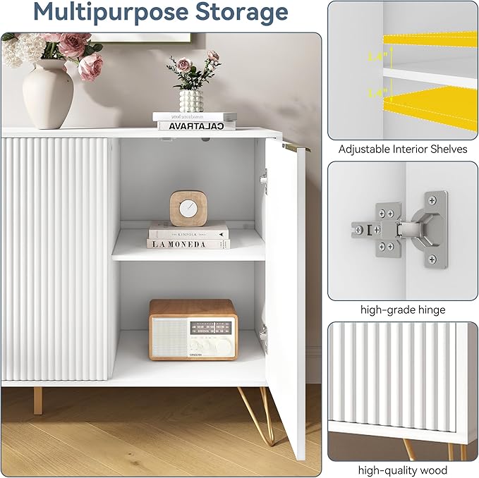 Storage Cabinet Set of 2, White Fluted Cabinet with Adjustable Shelves, Modern Coffee Bar for Kitchen, Living Room and Office