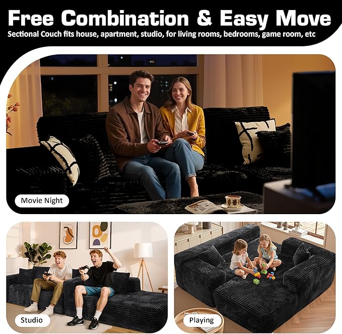 106" Cloud Sectional Couch with L-Shape Chaise & Ottoman, No Assembly Modular Sofa, Deep Seat Plush Corduroy Boneless Couched for Living Room (Black Plush Corduroy, Right Facing Chaise with Ottoman)