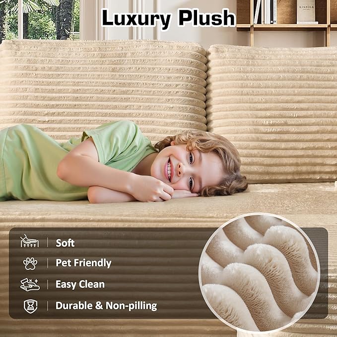 106" Cloud Sectional Couch with L-Shape Chaise & Ottoman, No Assembly Modular Sofa, Deep Seat Plush Corduroy Boneless Couched for Living Room (Beige Plush Corduroy, Left Facing Chaise with Ottoman)