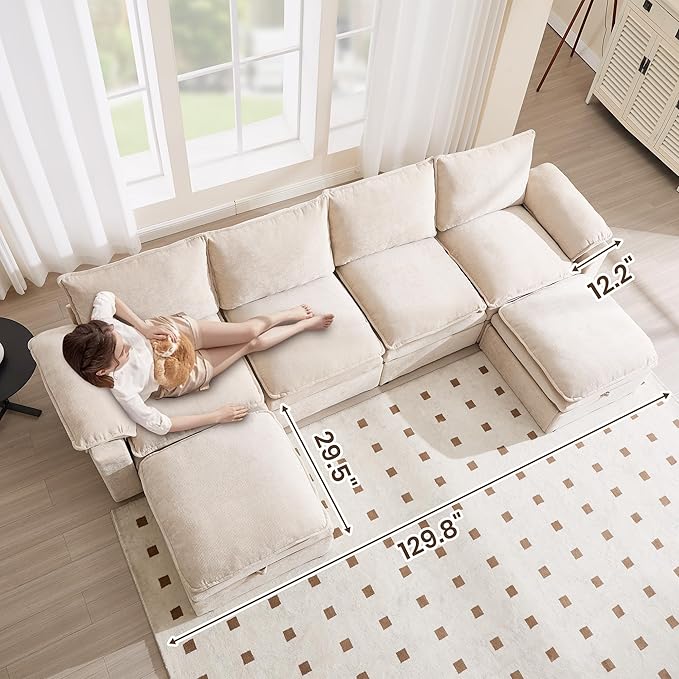 130" U Shaped Modular Sectional Sofa, Couch with Ottoman Storage, Chenille Cloud Couch with Plush Deep Seating for Living Room, Bedroom (9 Seat, Beige)