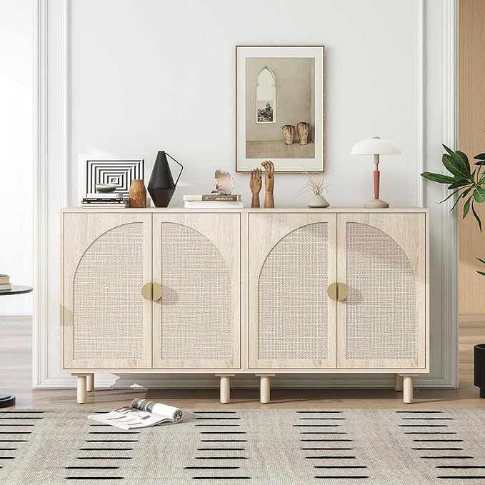 Beige Rattan Cabinet-2-Doors,Sideboard Buffet Cabinet with Storage-Accent Storage Cabinet with Cane Door, Boho Wood Credenza for Dining Room, Kitchen,Study Room (Beige Set 2)