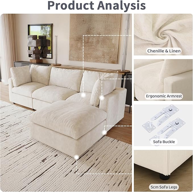 Modular Sectional Sofa with Ottoman,134inch U Shaped Convertible Cloud Couch,8 Seater Convertible V Shaped Living Room Sets,Cover Washable and Replaceable Couches for Living Room,Beige