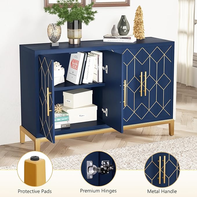 HLR 48" Accent Cabinet with 4 Doors and Shelves, Modern Credenza Storage Cabinet with Gold Trim, Sideboard Buffet for Living Room, Kitchen, Dining Room, Hallway, Blue