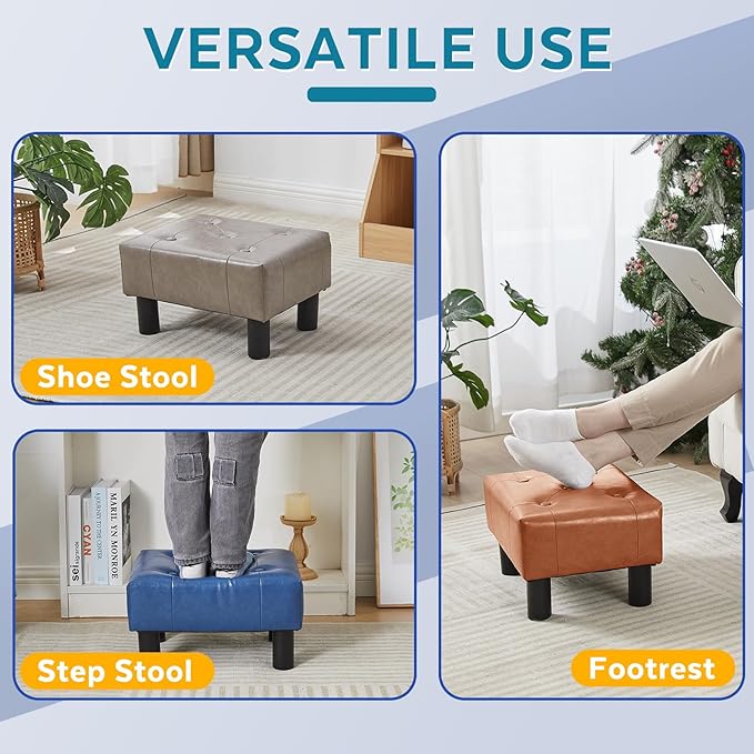 Small Foot Stool Ottoman, Faux Leather Footstool Ottoman Foot Rest for Couch, Rectangle Footstools and Ottomans Small for Living Room, Entryway and Bedroom (Bright Brown)