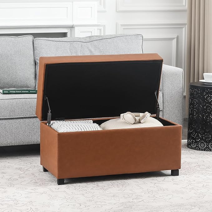 Asense Storage Ottoman Bench –32 Inch Stylish Compact Design with Storage, Extra Seating & Modern Leather Appeal for Living Room, Bedroom, Entryway,Brown