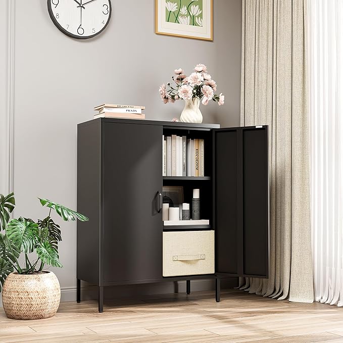 Metal Locker Storage Cabinet, Home Office Metal Storage Cabinet Small Sideboard with 2 Doors and 2 Adjustable Shelves,40" Counter Cabinets for Office Garage Bathroom Living Room Hallway