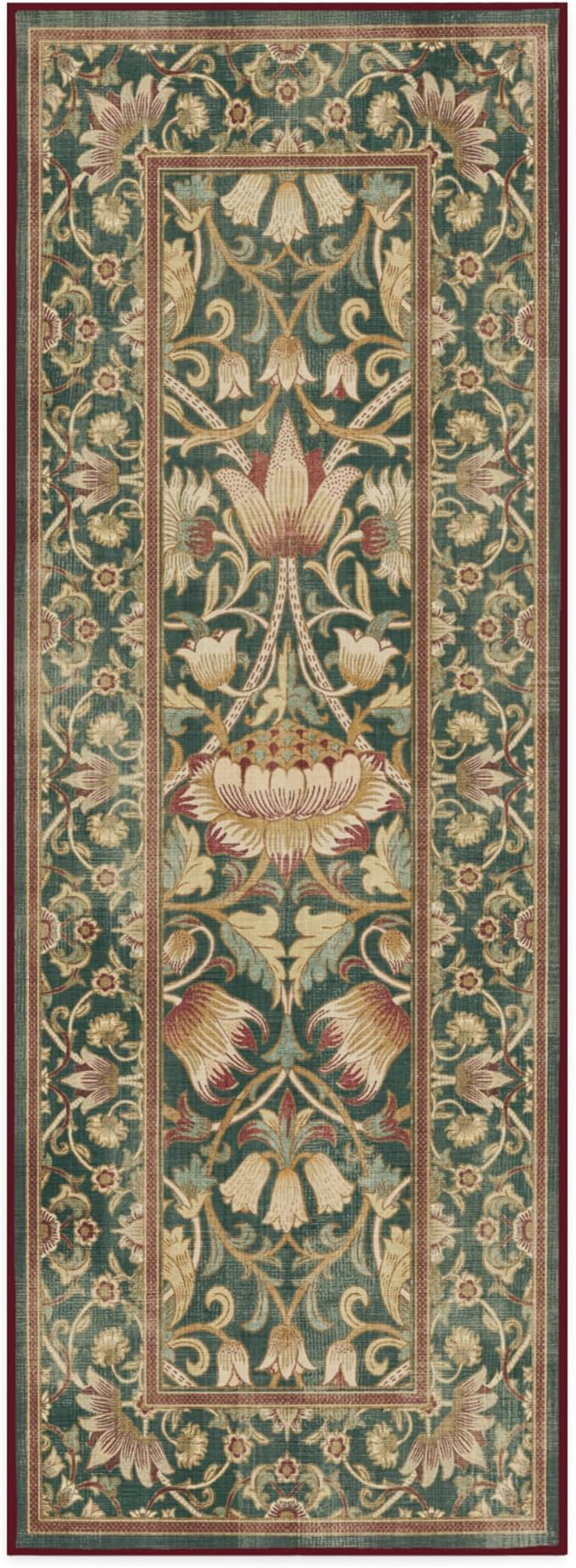 RUGGABLE x Morris & Co Machine Washable Christmas Runner Rug–Lodden Soft Evergreen & Gold 2.5x7, Stain-Resistant, Non-Slip–Washable Rug for Hallway, Entryway, Living Room & Kitchen–with Cushioned Pad