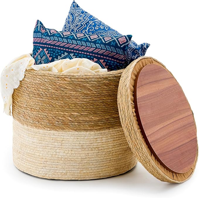 Wimarsbon 18'' Ottoman Pouf, Natural Braided Poof, Rustic Handweave Lounge Pouffe, Boho Footrest Stool for Bedroom, Accent Table for Living Room (Stoage - 18inch Cattail+Beige Corn Husk L)