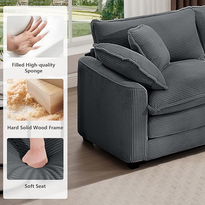 mikibama Luxury 2 Piece Sofa Set, 2 Pieces of Loveseat Couch, Modern Corduroy Comfy Cloud Couches Set for Living Room Office with 4 Armrest Pillows and 4 Toss Pillows, Grey