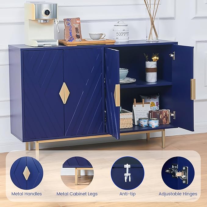Sideboard Buffet Cabinets with Storage, 47.2" Modern Storage Cabinets with Relief Doors, Accent Cabinets with Adjustable Shelves, Wood Console Cabinet for Dining Living Room, Entryway, Blue