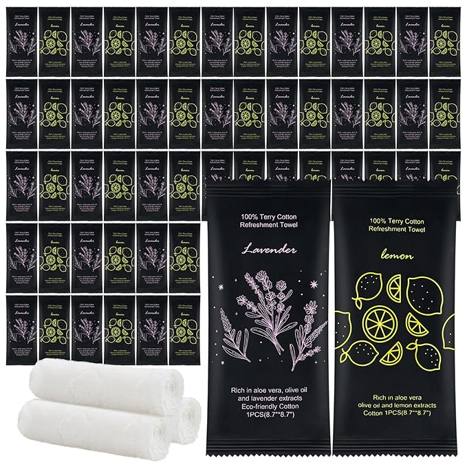 Moist Cotton Towel Bulk Moist Towelettes Individually Wrapped 8.7" x 8.7",White Towel Services,Refreshment Pre Moistened Towels Lavender and Lemon Scent for Travel Sport Party Spa Dentist Hote200