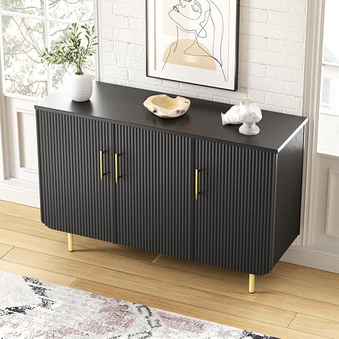 Modern Fluted Black Storage Cabinet with 3 Doors, Adjustable Shelves, and Metal Legs, Accent Buffet Sideboard for Living Room, Dining Room, Entryway (Black & Gold)