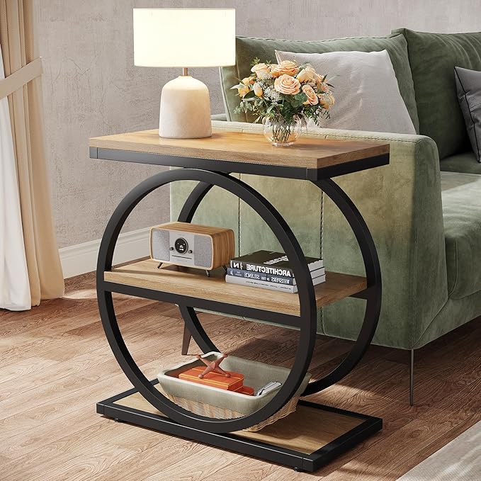 Tribesigns Side End Table with 3 Storage Shelves, Industrial Sofa Table with Round Metal Frame for Living Room, Engineered Wood Nightstand for Bedroom, Oak