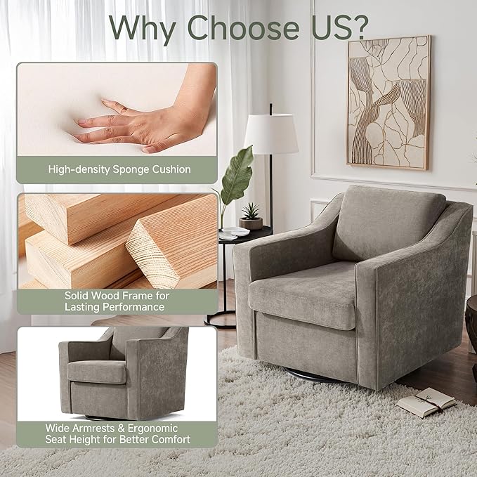 UIXE Swivel Accent Chairs Set of 2, Chenille Upholstered Arm Chair for Living Room, Modern Club Armchair Comfy Single Sofa Bedroom Reading Seat with Lumbar Pillow - Sand
