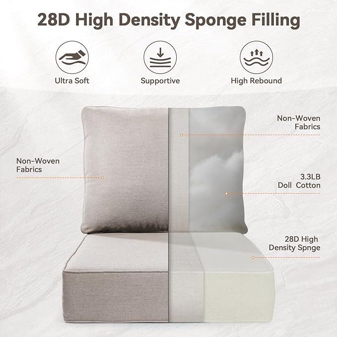 Luxury 6" Outdoor Cushions for Patio Furniture, 24x24x6" Thick Seat Cushion Set of 5, Fade Resistant Couch Chair Replacement Cushions High Density Deep Wicker Chair Cushion w/ Removable Cover, Beige