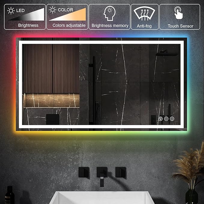 Awoco LED Bathroom Mirror, 55" x 36 Vanity Mirror with 8 Colors RGB Backlit and 3 Colors Front Light, Dimmable Anti-Fog Lighted Mirror, Memory Function, for Bathroom Wall