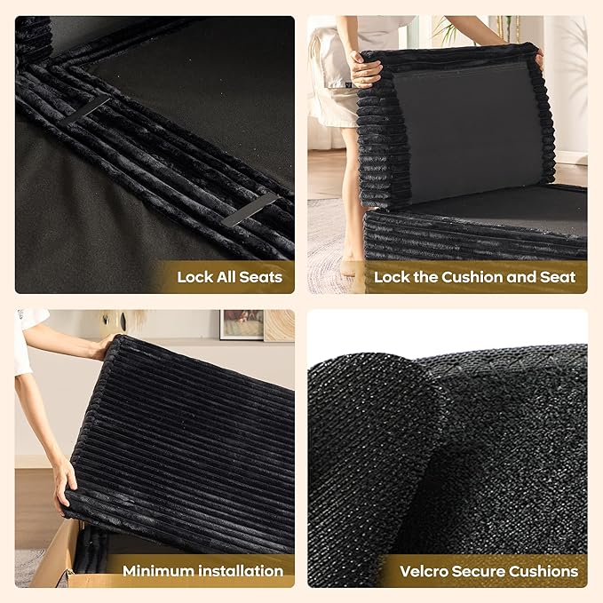 98" Modular Sectional Sofa Set with Swivel Chair, Modern Cloud Couch Plush Corduroy 3 Seater Deep Seat Sofas with Accent Armchair for Living Room Small Space, Black