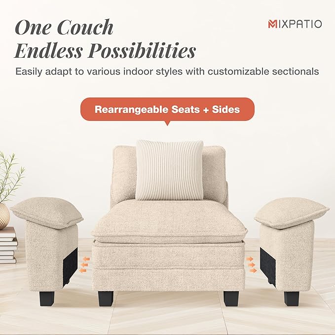 123" Cloud Modular Sectional Sofa, 3-Seater w/Deep Seat & Removable Arms, Plush Chenille for Living Room - Beige