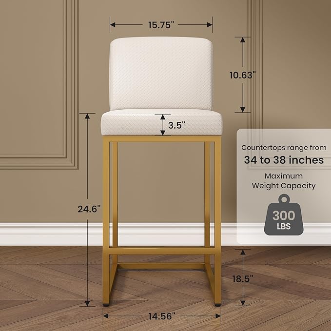 PHI VILLA Bar Stools - Counter Height Bar Stool Leather Stools for Kitchen Counter, White and Gold Bar Stools with Back