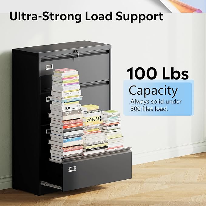 DEVAISE 4 Drawer Lateral File Cabinet with Lock, Metal Filing Cabinets for Home Office, 16" D x 35" W x 52" H Wide Storage Organization for Hanging Files Letter/A4/Legal/F4 Size, Black