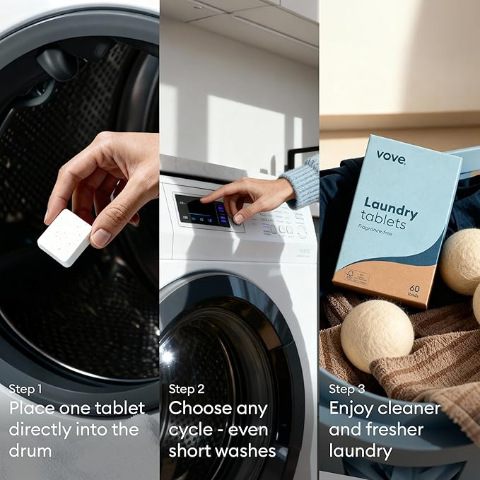 Vove Plastic-Free Laundry Detergent Tablets, 60 Pack – Concentrated, Biodegradable & Plant-Based Formula with 3x Enzyme Power – Tough on Stains, Gentle on Fabric, Fragrance-Free & Eco-Friendly