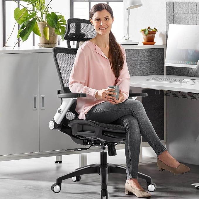 COLAMY Ergonomic Mesh Office Chair with Footrest, High Back Computer Executive Desk Chair with Headrest and 4D Flip-up Armrests, Adjustable Tilt Lock and Lumbar Support-Black