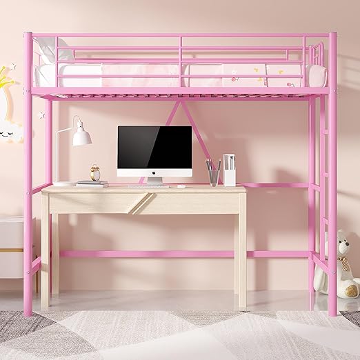 VECELO Metal Loft Bed Twin Size, Heavy Duty Bedframe with Removable Ladder and Safety Guardrail, Space-Saving, Noise Free, No Box Spring Needed, Light Pink