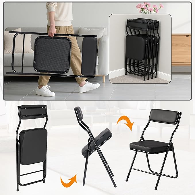 4 Pack Padded Folding Chairs with Cushion, Foldable Dining Chair Set Portable Indoor Outdoor Stackable Folding Chairs with Steel Frame for Home Office Events Wedding Party Black