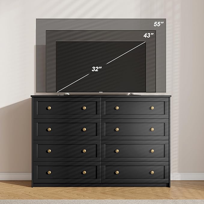 8 Drawer Double Dresser for Bedroom, 55.1" Wide Black Dressers & Chests of Drawers with Large Capacity Storage,White Dresser for Bedroom, Hallway