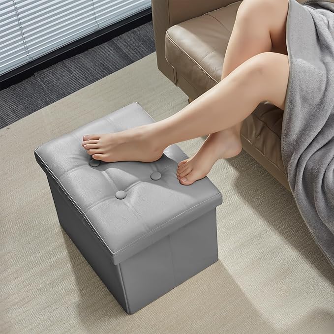AmasSmile Storage Ottoman Folding Foot Rest Stool, Leather Footstool Bench, Short Ottoman Stool, Storage Foot Rest Store, Books (Grey, 17" D x 13" W x 13" H)