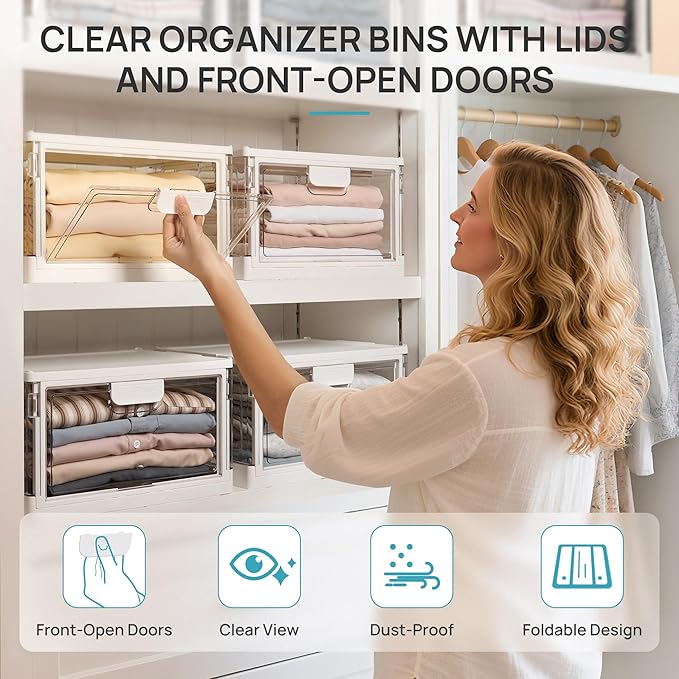 Vtopmart 2 Pack Clear Stackable Storage Bins with Lids 24QT, Foldable Storage Boxes with Doors Open Front, Plastic Closet Organizer for Craft, Toys, Pantry Organization