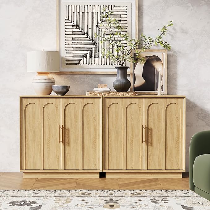 Sideboard Buffet Cabinet with Storage, Modern Accent Cabinet with Arched Doors, Boho Modular Media Console, 31.5" Minimalist Credenza for Living Room Kitchen Dining Room Entryway, Oak