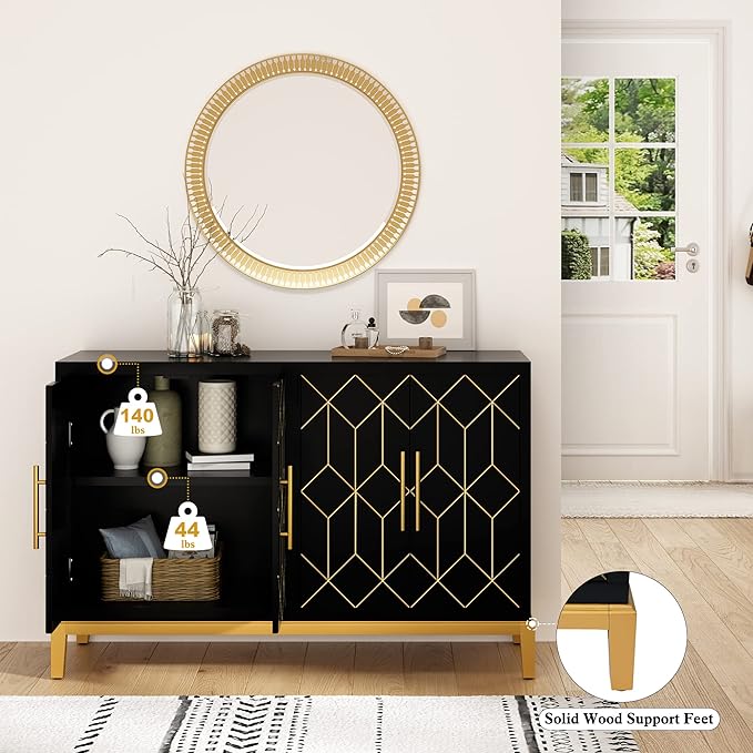 HLR Accent Cabinet with 4 Doors&Shelves, Sideboard Buffet Cabinet with Gold Trim, Modern Black Storage for Living Room, Entryway, Kitchen, Dining Room, Hallway