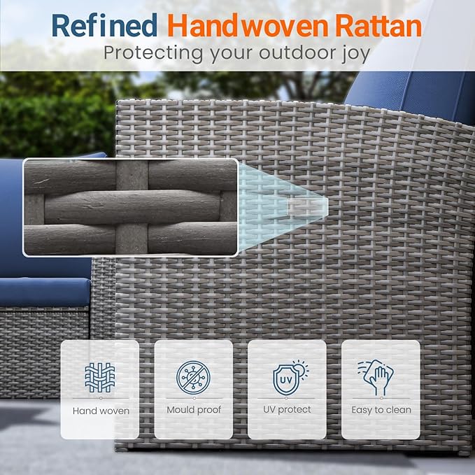 Wisteria Lane 4 Piece Patio Furniture Set, Wicker Outdoor Patio Conversation Furniture Set, All Weather Outdoor Patio Sofa with Cushion and Glass Table, Dark Blue