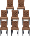 Linen Upholstered Dining Chairs Set of 8, Modern Style Kitchen Side Chairs with Nailhead Trim and Wood Leg, Metal Pulling Ring for Dining Room Living Room(Coffee,Set of 8)