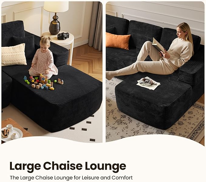 104" Cloud Sectional Couch with Chaise, Boneless L-Shaped Cloud Couch with Deep Seat, Corduroy Modern Minimalist Sofa, Assembly Free Comfy Sofa for Office Living Room Apartment(Black, Right Chaise)