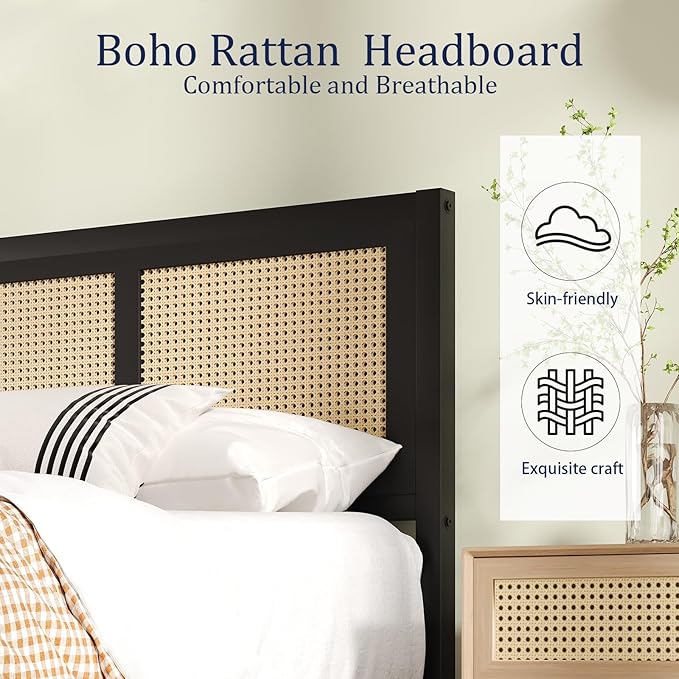 Rattan Bed Frame Queen, Boho Queen Bed Frames with Headboard, Metal Platform Bed Frame Queen Size with Strong Slats Support, No Box Spring Needed, Noise Free, Easy Assembly, Black