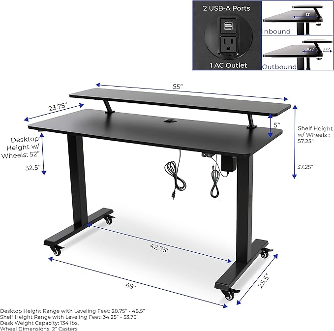 Stand Steady Tranzendesk Power | 55 Inch Electric Standing Desk with Built-In Charging | Height Adjustable Stand Up Desk with Clamp On Shelf | Electronic Desk with 1 AC Outlet & 2 USB Ports (55/Black)