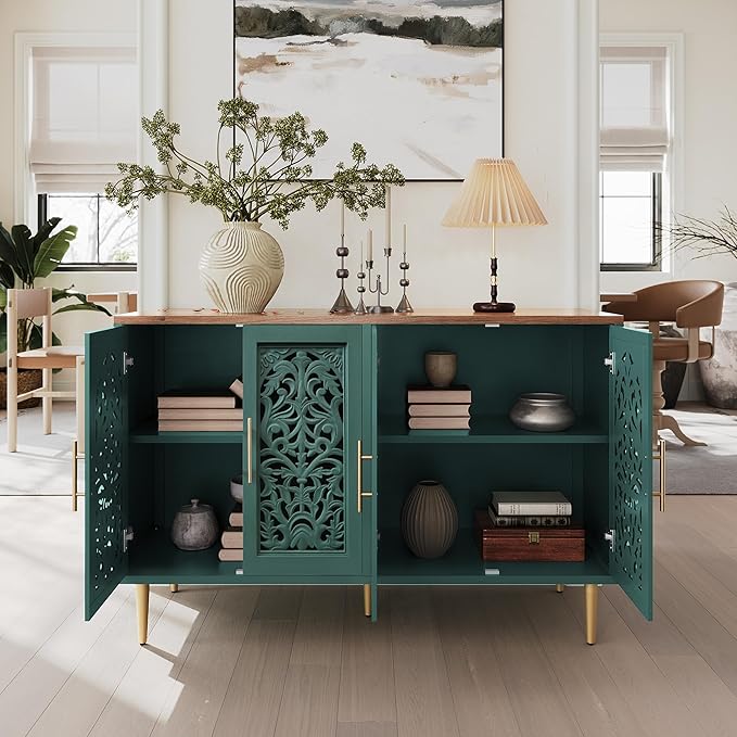 ARTPOWER 47.8" Accent Cabinet with 4 Doors, Vintage Hollow Carving Buffet Cabinet, Sideboards and Buffets with Storage, Credenza for Living Room, Kitchen, Dining Room, Entryway, Hallway, Green