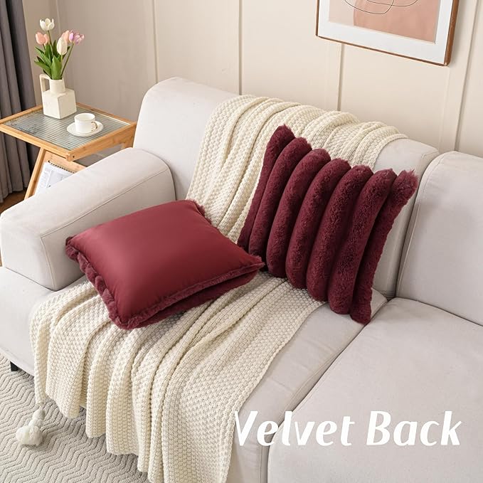 FUTEI Christmas Burgundy Decorative Throw Pillow Covers 18x18 Inch Set of 2, Square Soft Faux Rabbit Fur Thick Striped Cushion Cover,Winter Home Decor for Couch Bed Living Room
