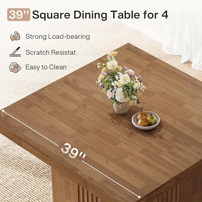 Tribesigns 39-Inch Square Dining Table for 4, Farmhouse Kitchen Dinner Table with Fluted Pedestal Base for Dining Room, Kitchen, Living Room, Apartments, Small Space, Easy to Assemble, Brown
