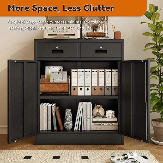 BESFUR Locking Cabinet with 2 Drawers and Lockable Doors, 36" H Black Metal Storage Cabinet with Adjustable Shelf for Home Office, Garage,School, Apartment, Warehouse