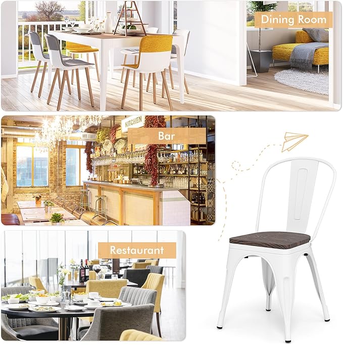 COSTWAY 18 Inch Dining Chair Set of 4, Industrial Vintage Stackable Metal Chairs, Counter Bar Chairs with High Backrest, Wood Seat, for Home, Kitchen and Cafe Bar Use