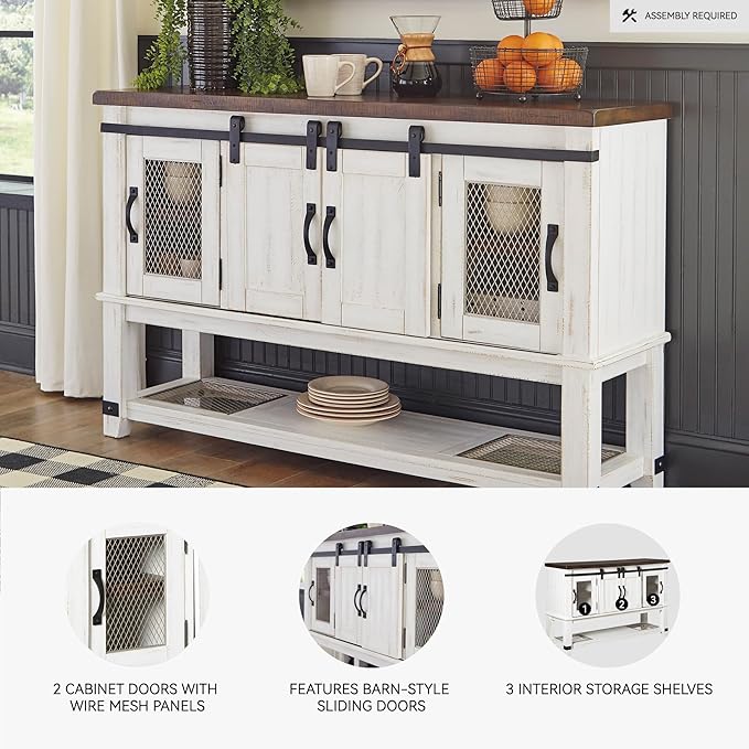 Signature Design by Ashley Valebeck Farmhouse Dining Room Server or Buffet Cabinet, White & Brown