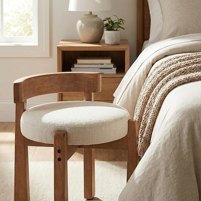 HNY Modern Linen Ottoman Set of 2- Low-Back Makeup Seat & Lounge Footrest with Solid Wood Frame, Casual Style for Bedroom Dressing Area, Beige
