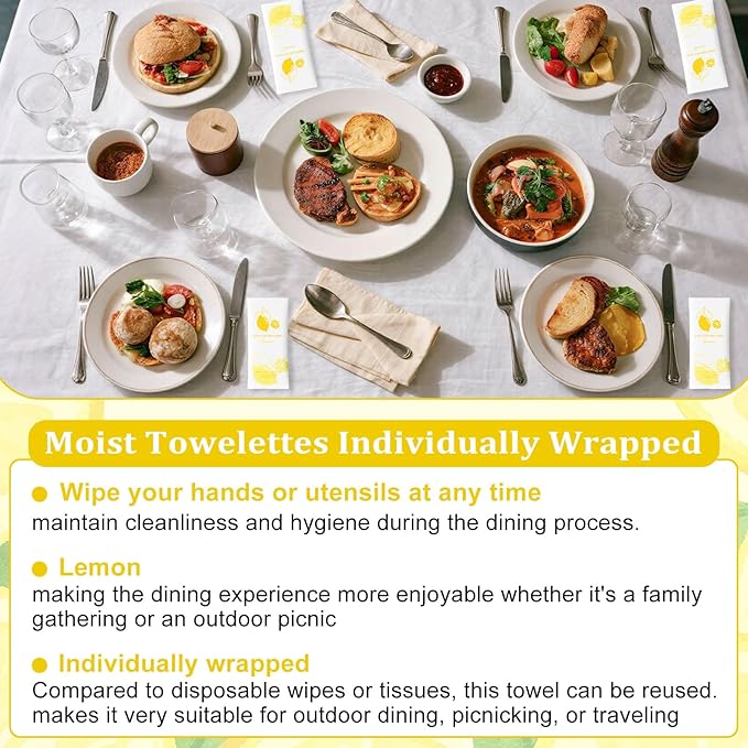 Moist Cotton Towel Bulk Moist Towelettes Individually Wrapped,White Towel Services,Refreshment Pre Moistened Towels for Dentist Travel Sport Party Hotel 200,Lemon